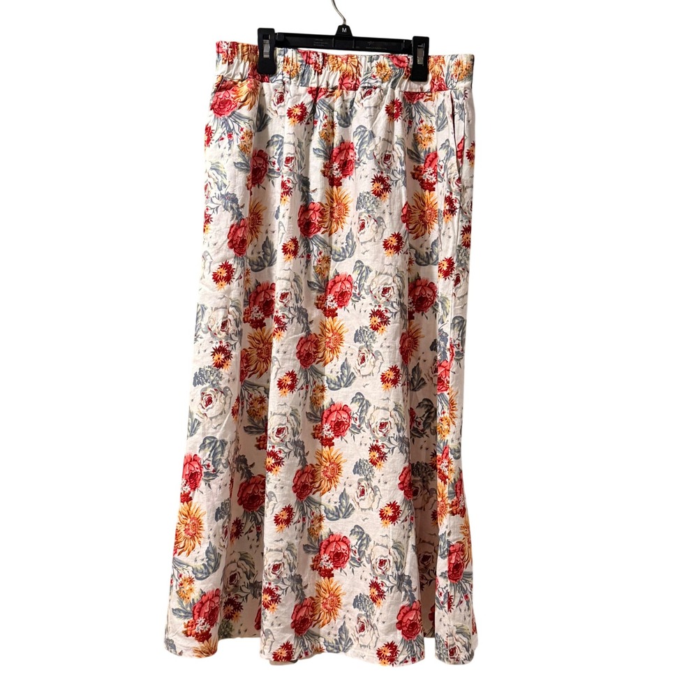 Kaktus Floral Maxi Skirt L Cream Red Linen Blendโ Boho Cottagecore Prairie Flowy